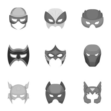 Süper kahraman maske tek renkli bir tarzda Icons set. Süper kahraman maske vektör simge stok çizim büyük toplama