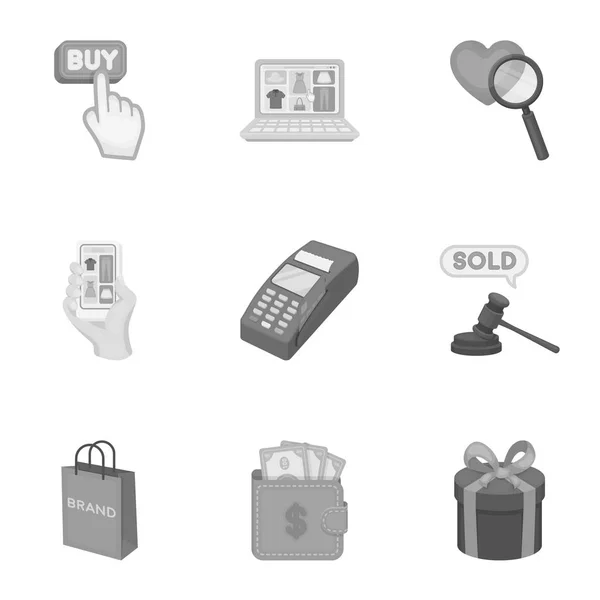 E-commerce mengatur ikon dengan gaya monokrom. Koleksi besar dari gambar saham vektor e-commerce - Stok Vektor
