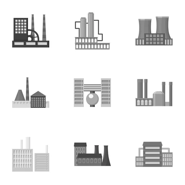 Fabriek stel pictogrammen in zwart-wit stijl. Grote verzameling van fabriek vector symbool stock illustratie — Stockvector