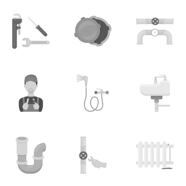 Loodgieters set pictogrammen in zwart-wit stijl. Grote verzameling van loodgieter vector symbool stock illustratie — Stockvector