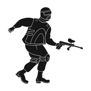 Paintball oyuncu simge siyah stil beyaz arka plan üzerinde izole içinde. Paintball sembol stok vektör çizim.