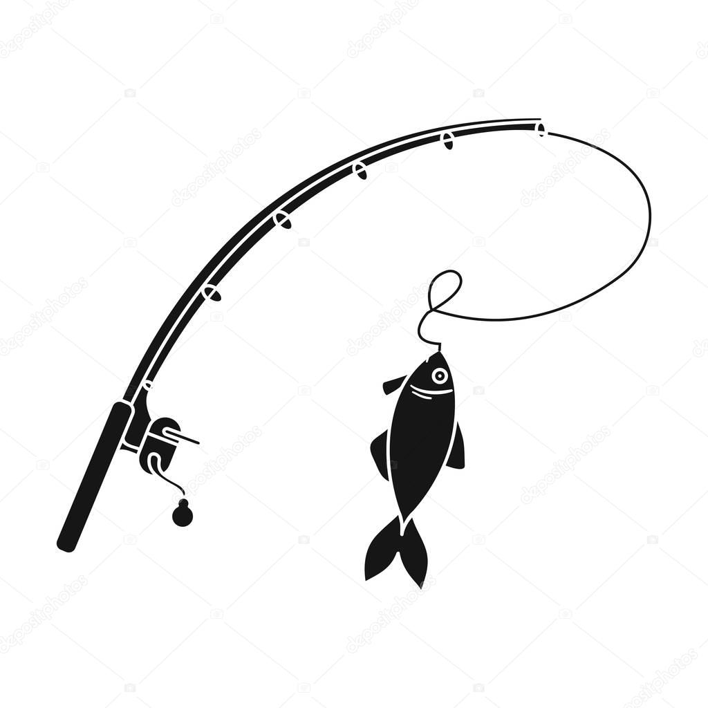 Fishing rod and fish icon in black design isolated on white background. Fishing symbol stock vector illustration.