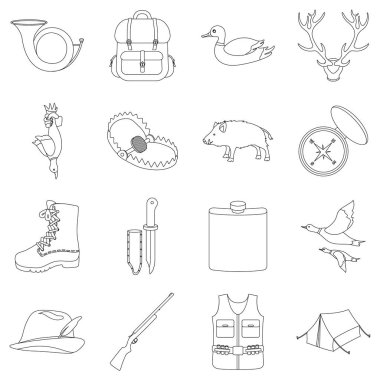 Avcılık simgeleri anahat stilinde ayarlayın. Avcılık vektör çizim sembolü büyük toplama.