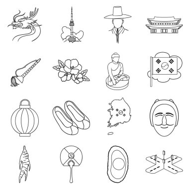 Güney Kore simgeleri anahat stilinde ayarlayın. Güney Kore vektör çizim sembolünün büyük toplama.