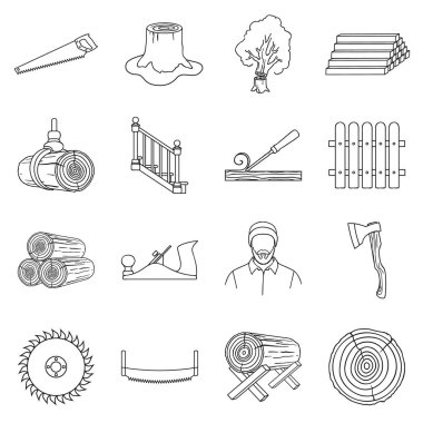 Sawmil ve kereste simgeleri anahat stilinde ayarlayın. Büyük koleksiyon kereste ve ahşap sembol stok illüstrasyon vektör