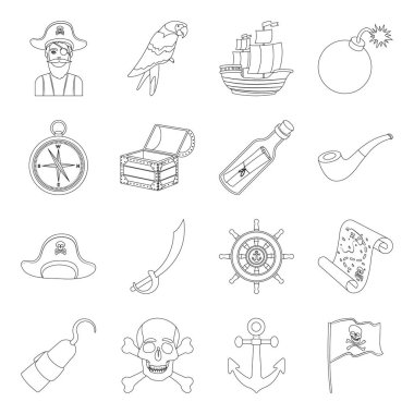 Korsanlar simgeleri anahat stilinde ayarlayın. Korsanlar büyük toplama sembol stok illüstrasyon vektör