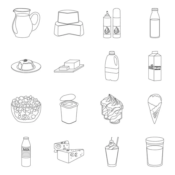 Produits laitiers et icônes ensemble sucrés dans le style contour. Grande collection de produits laitiers et illustration de stock de symbole de vecteur doux — Image vectorielle