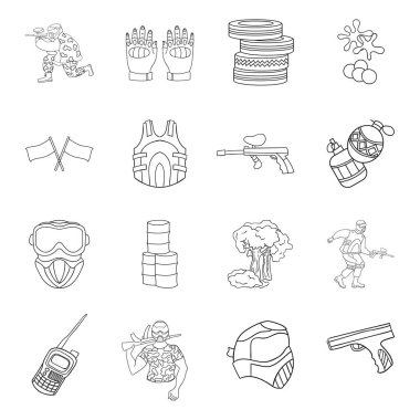 Paintball simgeleri anahat stilinde ayarlayın. Paintball vektör simge stok çizim büyük toplama