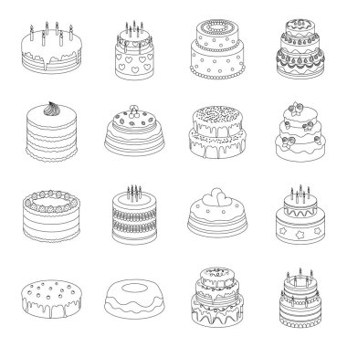 Kek simgeleri anahat stilinde ayarlayın. Kek büyük toplama sembol stok illüstrasyon vektör