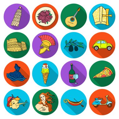 İtalya ülke içinde düz stil Icons set. İtalya ülke vektör simge stok çizim büyük toplama