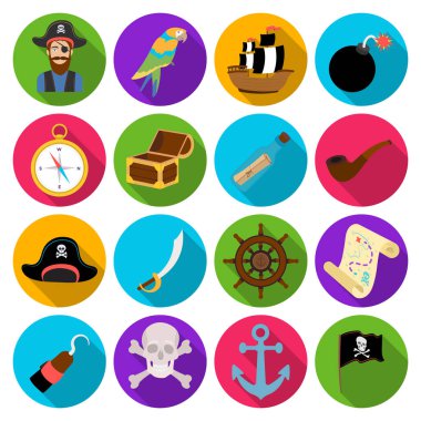 Korsanlar simgeler düz stil ayarlayın. Korsanlar büyük toplama sembol stok illüstrasyon vektör