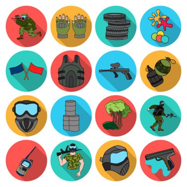 Paintball simgeler düz stil ayarlayın. Paintball vektör simge stok çizim büyük toplama