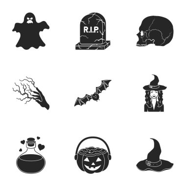 Siyah ve beyaz sihir Siyah tarzında Icons set. Siyah ve beyaz sihirli vektör simge stok çizim büyük toplama