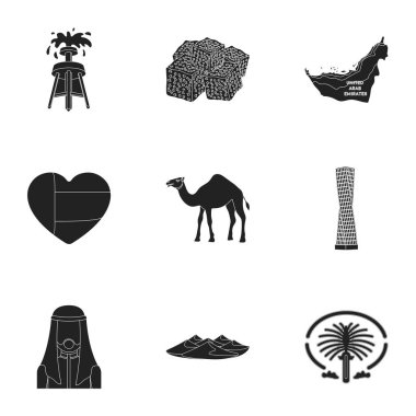 Arap Emirlikleri simgeler siyah tarzında ayarlayın. Arap Emirlikleri büyük toplama sembol stok illüstrasyon vektör