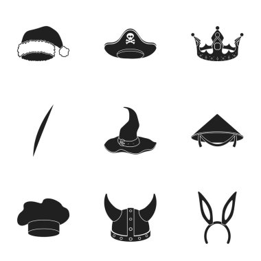 Şapka siyah tarzında Icons set. Büyük şapka koleksiyonu sembol stok illüstrasyon vektör