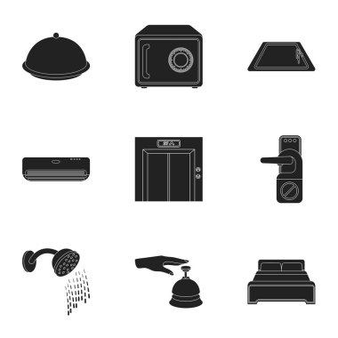 Otel simgeler siyah tarzında ayarlayın. Otel vektör simge stok çizim büyük toplama