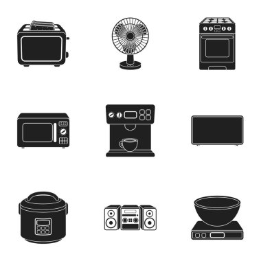 Ev aletleri simgeler siyah tarzında ayarlayın. Büyük ev aletleri koleksiyonu sembol stok illüstrasyon vektör
