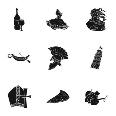 İtalya ülke simgeler siyah tarzında ayarlayın. İtalya ülke vektör simge stok çizim büyük toplama