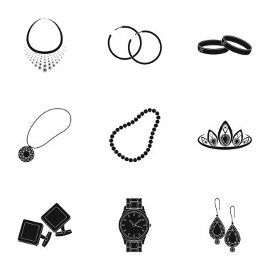 Takı ve Aksesuar simgeler siyah tarzında ayarlayın. Takı ve Aksesuar büyük toplama sembol stok illüstrasyon vektör