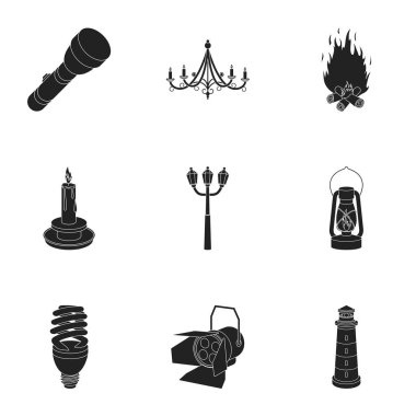 Işık kaynağı simgeler siyah tarzında ayarlayın. Işık kaynağının vektör simge stok çizim büyük toplama