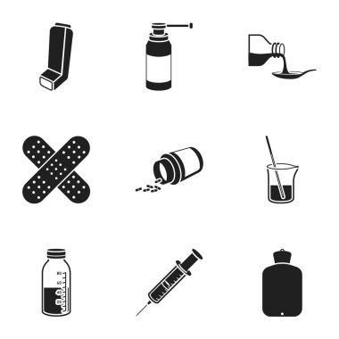 İlaç ve hastane simgeler siyah tarzında ayarlayın. İlaç ve hastane vektör simge stok illüstrasyon büyük toplama