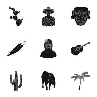 Meksika ülke simgeler siyah tarzında ayarlayın. Meksika ülke vektör simge stok çizim büyük toplama