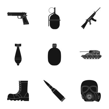 Askeri ve ordu simgeler siyah tarzında ayarlayın. Askeri büyük toplama ve ordu sembol stok illüstrasyon vektör