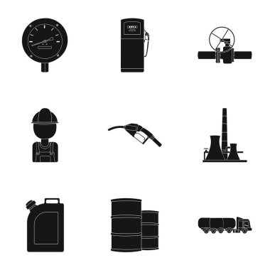 Petrol sanayi siyah tarzında Icons set. Petrol sanayi vektör simge stok çizim büyük toplama