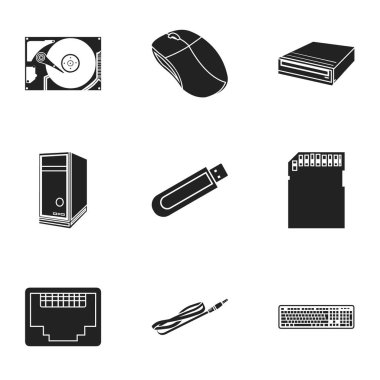Kişisel bilgisayar simgeler siyah tarzında ayarlayın. Kişisel bilgisayar vektör simge stok çizim büyük toplama