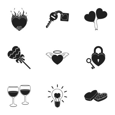 Romantik siyah tarzında Icons set. Romantik vektör simge stok çizim büyük toplama