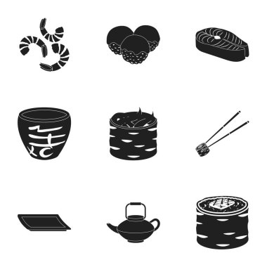 Suşi simgeler siyah tarzında ayarlayın. Suşi vektör simge stok çizim büyük toplama