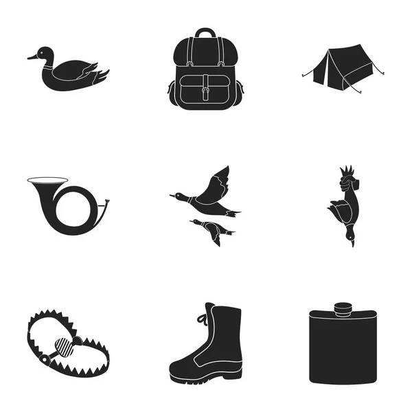 Setul de vânătoare icoane în stil negru. Colecție mare de simboluri vectoriale de vânătoare ilustrație stoc — Vector de stoc