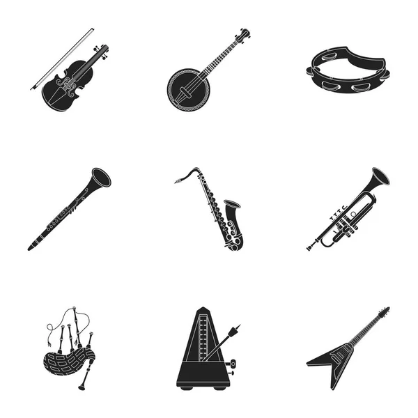 Музыкальные инструменты устанавливают иконы в черном стиле. Большая коллекция векторных символов музыкальных инструментов — стоковый вектор