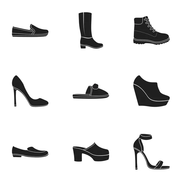 Cipő készlet ikonok-ban fekete stílus. Cipő nagy gyűjteménye vektor szimbólum stock illusztráció — Stock Vector