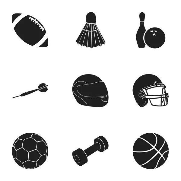 Иконы спорта и фитнеса в черном стиле. Большая коллекция иллюстраций векторных символов спорта и фитнеса — стоковый вектор