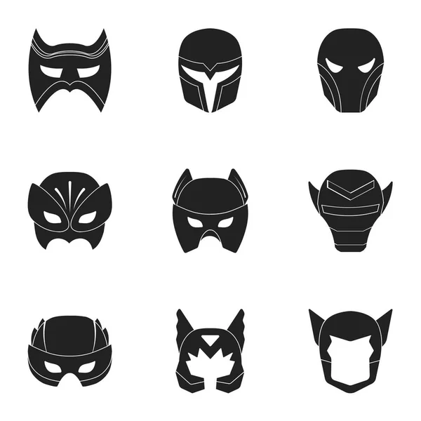 Maska superbohatera zestaw ikon w czarny styl. Duży zbiór superhero maskę wektor symbol ilustracji — Wektor stockowy