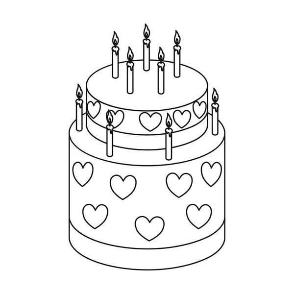 सफेद पृष्ठभूमि पर अलग रूपरेखा शैली में दिल के प्रतीक के साथ केक। केक प्रतीक स्टॉक वेक्टर चित्र . — स्टॉक वेक्टर