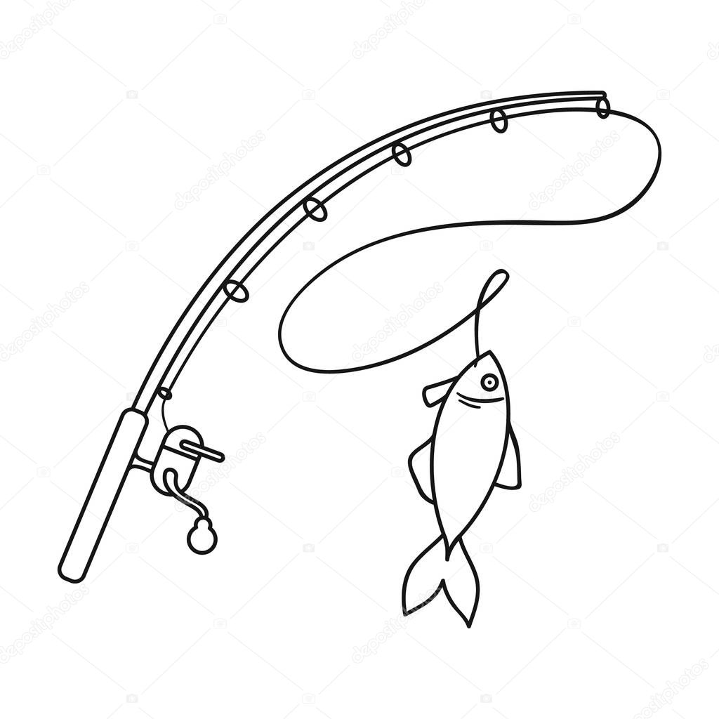 Fishing rod and fish icon in outline design isolated on white background. Fishing symbol stock vector illustration.