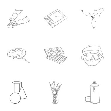 Sanatçı ve çizim set simgeleri anahat tarzı. Sanatçı ve vektör simge stok çizim çizim büyük koleksiyonu