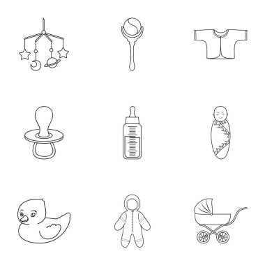 Bebek set simgeleri anahat stilinde tarihi. Vektör simge stok illüstrasyon bebek büyük toplama tarihi