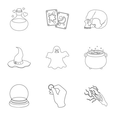 Siyah ve beyaz sihir simgeleri anahat stilinde ayarlayın. Siyah ve beyaz sihirli vektör simge stok çizim büyük toplama