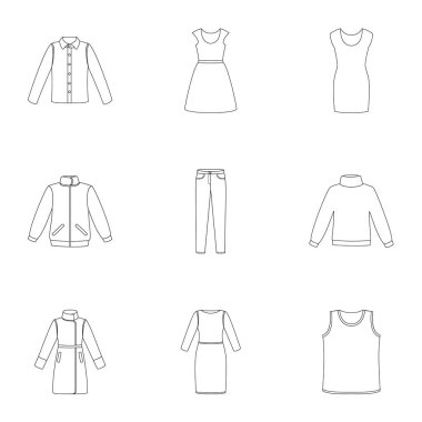 Elbise set simgeleri anahat stilinde. Giysi büyük koleksiyonu sembol stok illüstrasyon vektör