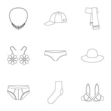 Elbise set simgeleri anahat stilinde. Giysi büyük koleksiyonu sembol stok illüstrasyon vektör