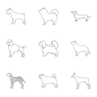 Köpek ırkları simgeleri anahat stilinde ayarlayın. Köpek doğurmak büyük koleksiyonu sembol stok illüstrasyon vektör