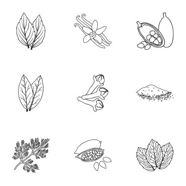 Ot ve baharat simgeleri anahat stilinde ayarlayın. Ot ve baharat büyük koleksiyonu sembol stok illüstrasyon vektör