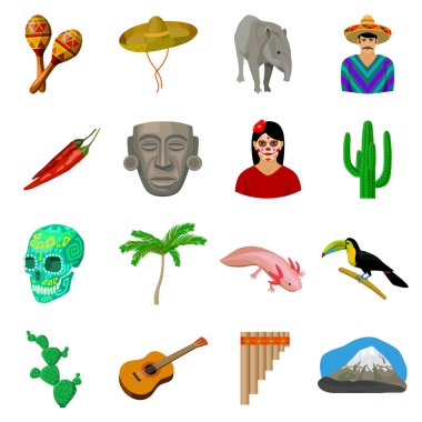 Meksika ülke karikatür tarzı simgeleri ayarlayın. Meksika ülke vektör simge stok çizim büyük toplama