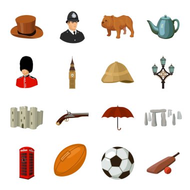 İngiltere'de ülke içinde karikatür tarzı Icons set. İngiltere'de ülke vektör simge stok çizim büyük toplama