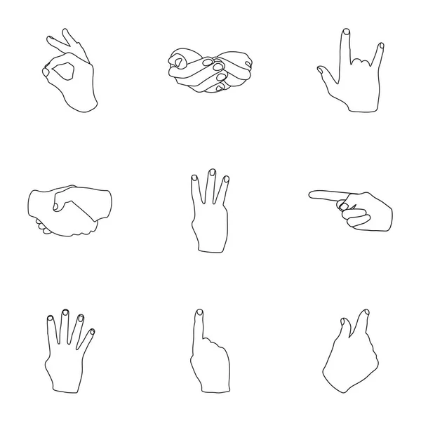 I gesti della mano impostano le icone in stile contorno. Grande collezione di gesti mano vettoriale simbolo stock illustrazione — Vettoriale Stock