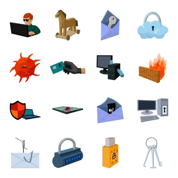Hackare och hacking uppsättning ikoner i tecknad stil. Stor samling av hackare och hacking vektor symbol stock illustration — Stock vektor