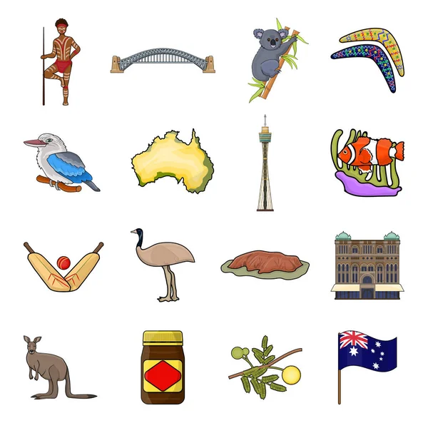 Australie mis icônes dans le style de dessin animé. Grande collection d'illustration de stock de symbole vectoriel Australie — Image vectorielle